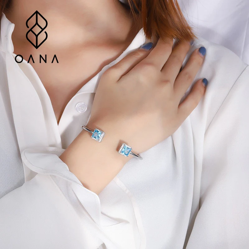 

OANA Women'S Bracelet S925 Silver Color Treasure Style High Carbon Diamond Square Main Stone Opening Adjustable Jewelry