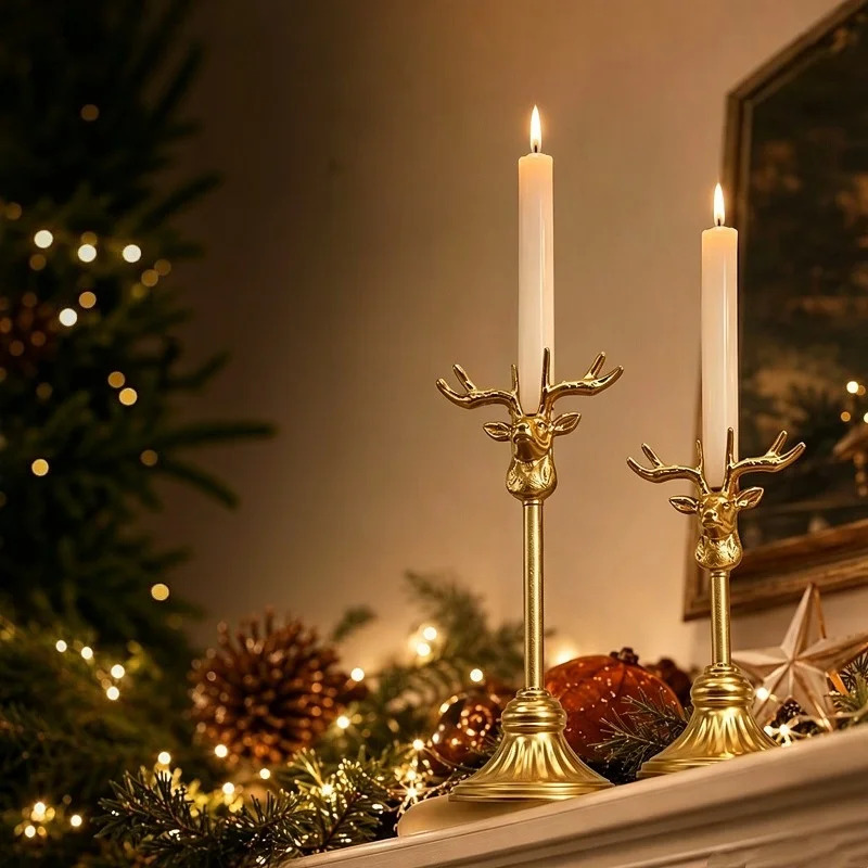 Set of 2 Vintage Elegant Metal Deer Head Tabletop Candle Holders Nordic Gold Candlestick Stand for Wedding Christmas Home Decor
