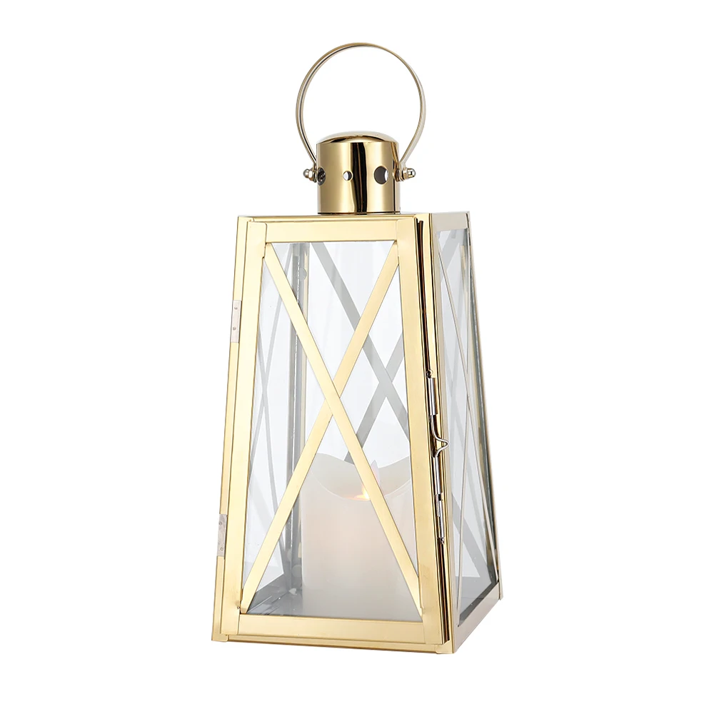 Stainless Steel Candle Holder Lantern Decorative Hanging Lantern for Living Room Garden Patio Party Home Decor(Gold Trapezoidal)