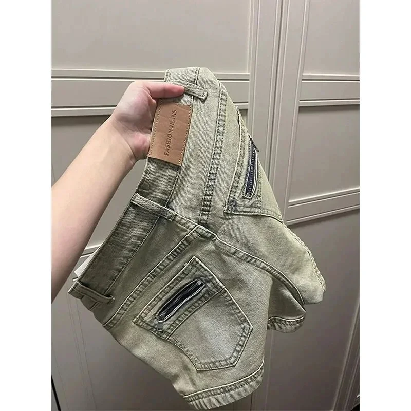 Vintage Design Pocket Zipper Denim Shorts Women High Waist Spicy Girl A-line Straight Tube Pants Summer New Slimming Hot Pants