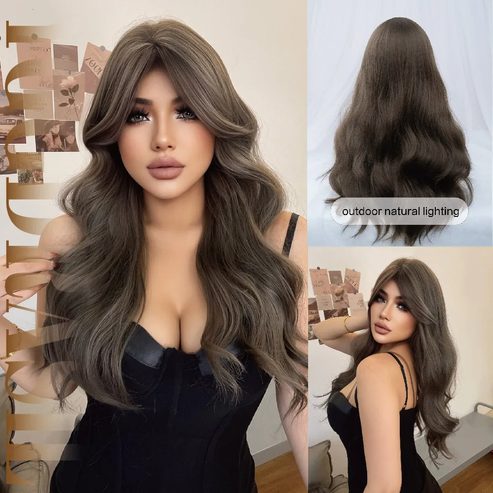

26Inch Vintage Brown Gray Mixed Synthetic Wigs Middle Part Long Natural Wavy Hair Wig For Women Daily Use Heat Resistant