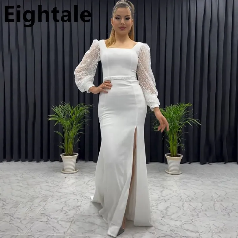 

Sexy Slit Mermaid Chiffon White Evening Dress For Wedding Party Sequined Long Sleeve Formal Prom Dress Dubai Party Gown