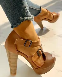 Large Size Beige Heeled Sandals All-Match 2023 Women's Open Toe Female Shoe Big Black Block New Peep High Fashion Girls Comfort