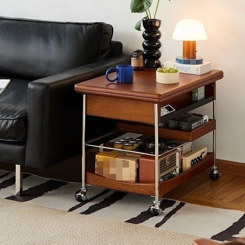 Solid Wood Folding Coffee Table Household Living Room Large Storage Space Removable Trolley Side Tables Retro Luxury Home Decor