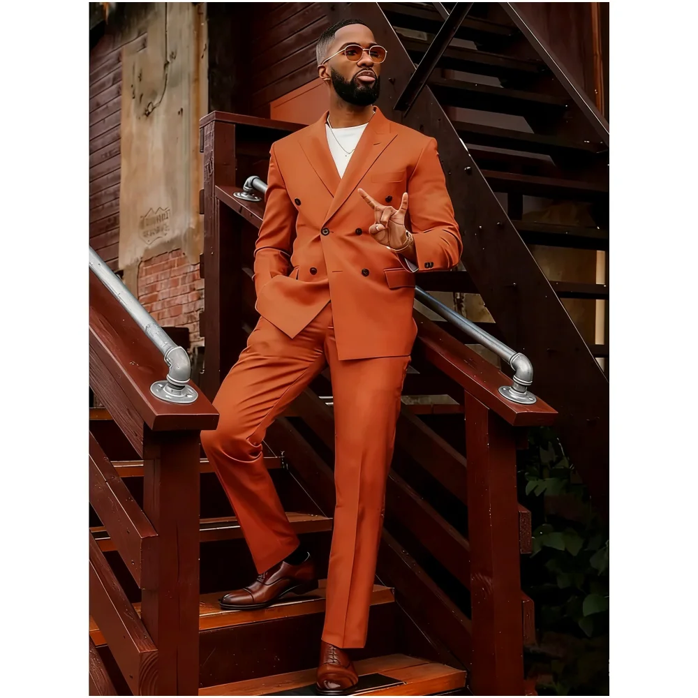 

Orange Men Suits Formal Double Breasted Peaked Lapel Wedding Party Groom Prom Dress Custom Male Clothing 2 Pieces Jacket+Pants