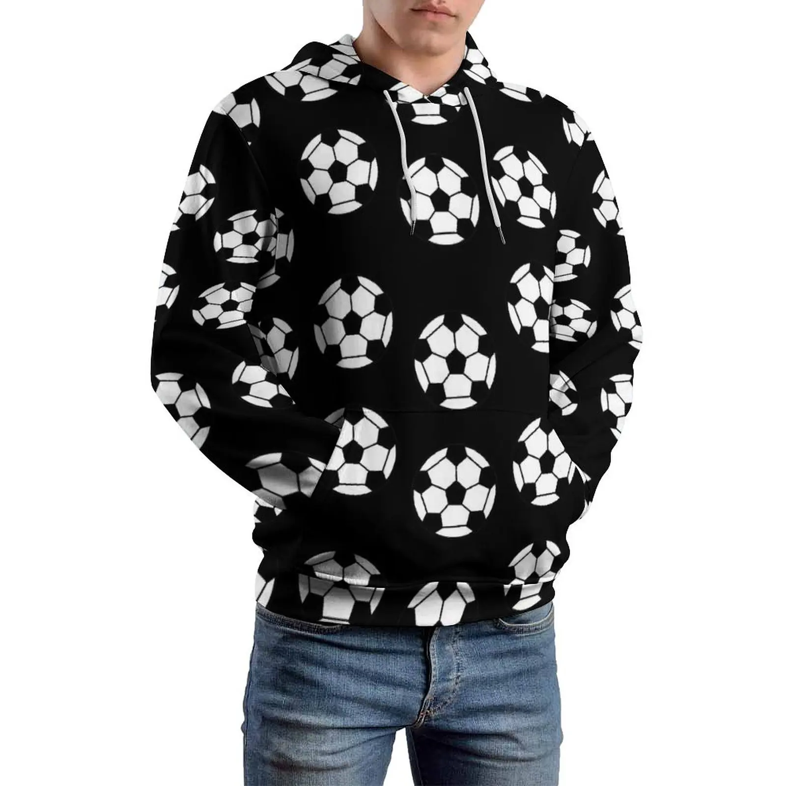 Soccer Ball Casual Hoodies Long Sleeve Black and White Cute Pullover Hoodie Spring Loose Graphic Oversize Sweatshirts