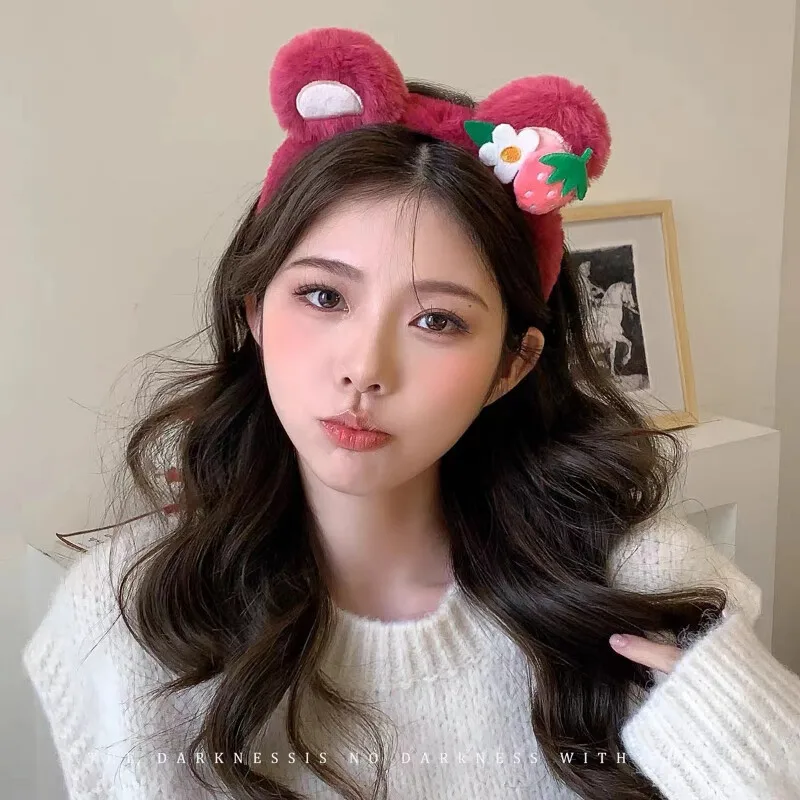 Strawberry Bear Plush Headband for Women Sweet Fashion Girls Face Wash HairBand