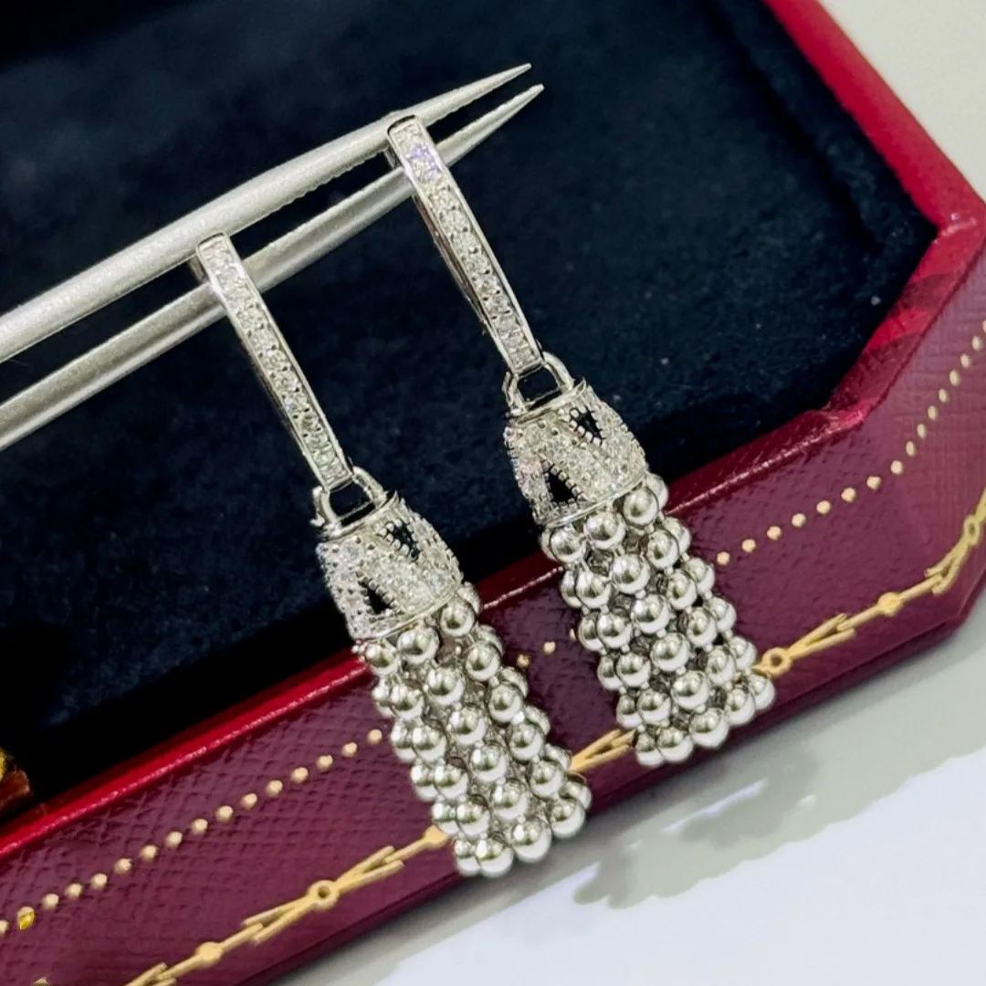 

100% 925 Sterling Silver Bead Tassels Pave Full Zirconia Wind Chime Earrings For Women Luxury Designer Fashion Jewelry