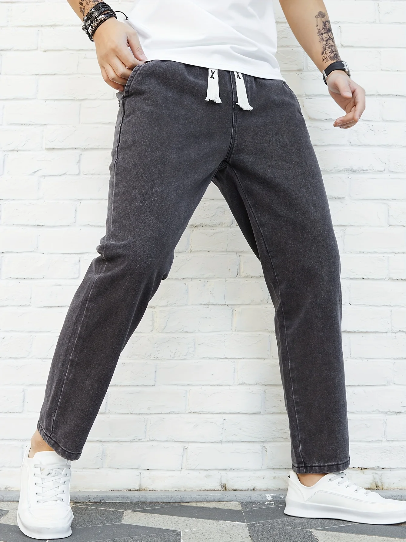 Spring/Autumn Fashion Washed  Brand Loose Straight-Leg Elastic Waist Drawstring Versatile Japanese Style Casual Cropped Jean