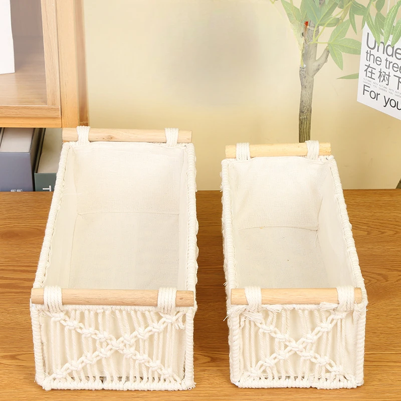 Bohemian Style Storage Containers Cotton Rope Hand Woven Rectangle Desktop Sundries Storage Basket Make Up Organizer