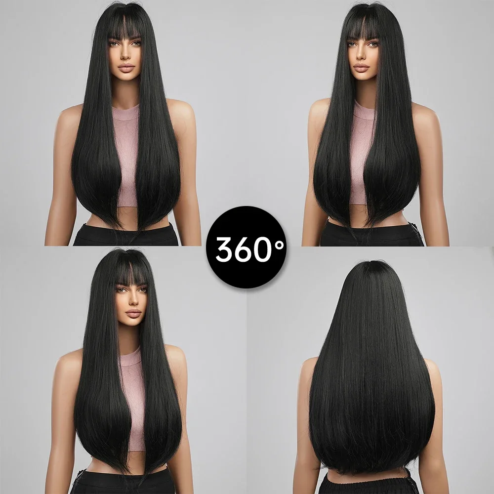 

Black Synthetic Wigs Long Silky Straight Cosplay Party Wigs with Bangs for Afro Women Daily Natural Heat Resistant Fake Hairs