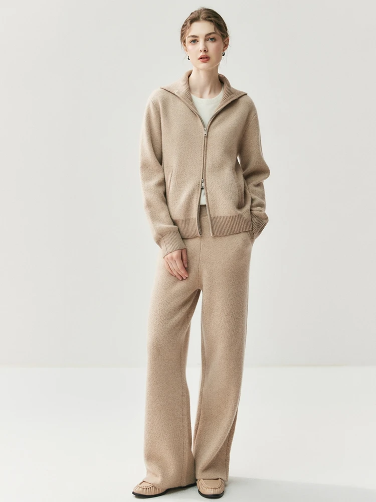 Warm Soft 100% Cashmere Women's Autumn Winter Casual Turn-Down Collar Double-Headed Zipper With Pocket Cardigan Two-Piece Sets