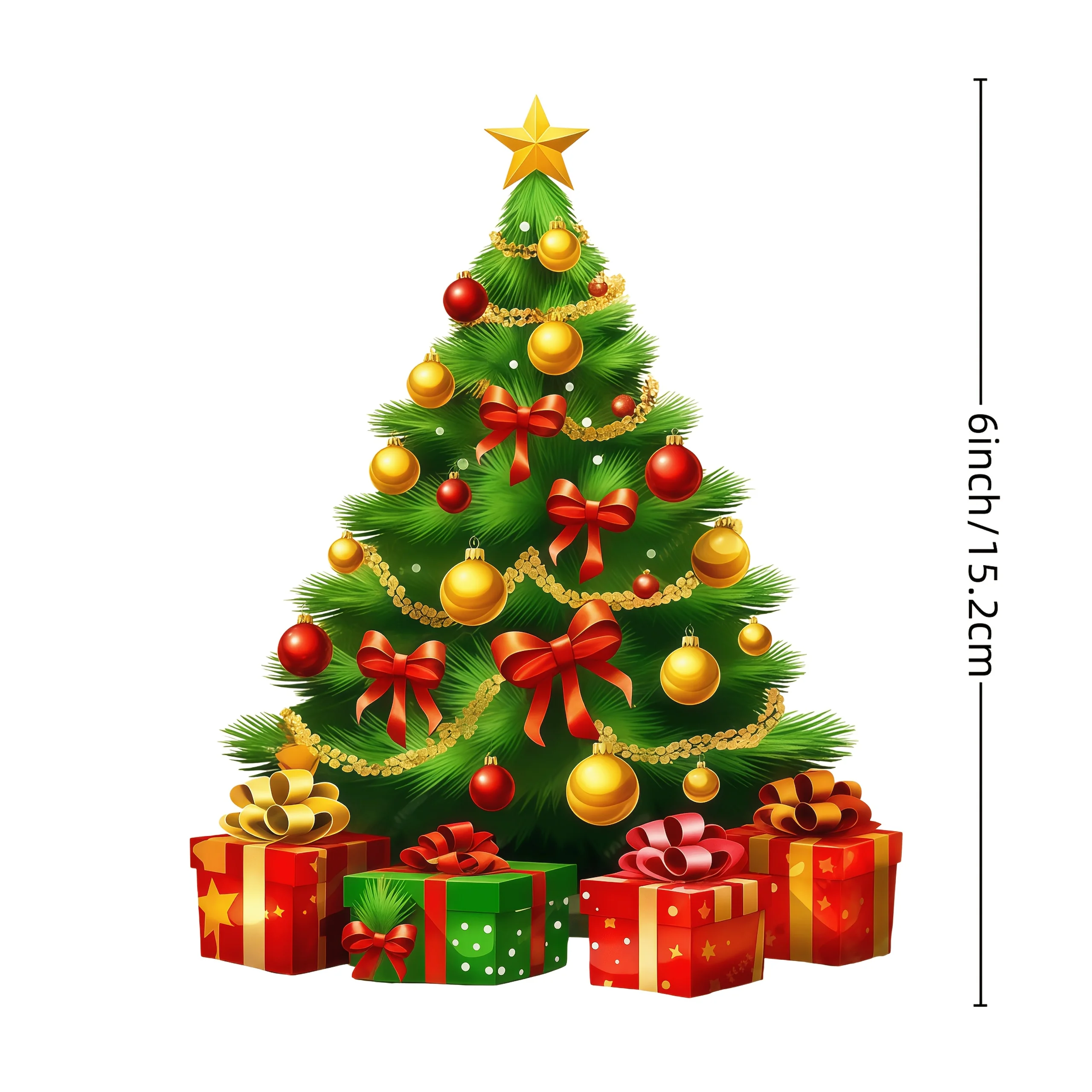 1Pc 2D Flat Classic Red‑Gold Christmas Tree Vinyl Sticker,Decal for Car Window Wall Switch Laptop Xmas Party Decor, Holiday Gift