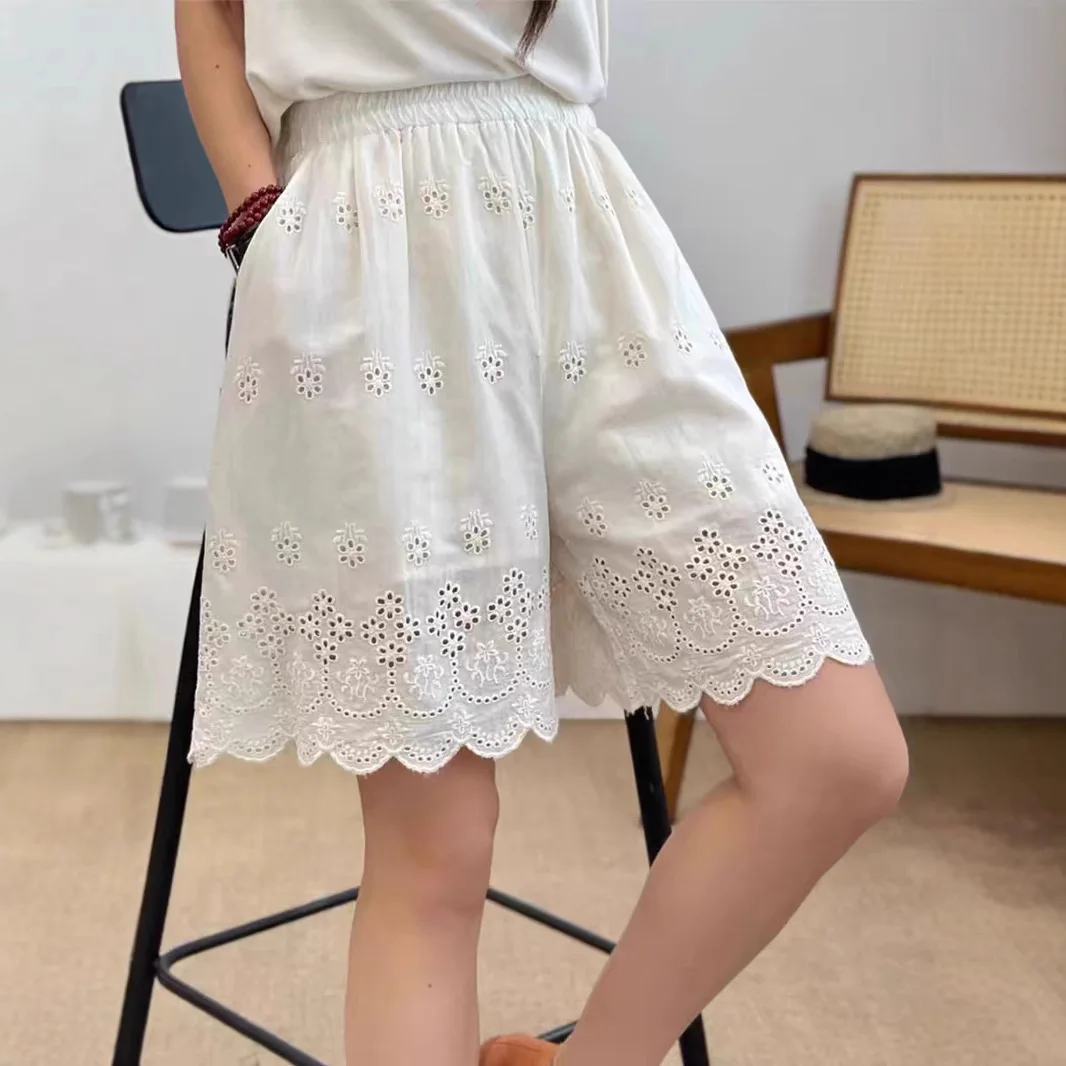 

Женские летние милые однотонные кружевные шорты Mori Girl, летние повседневные свободные шорты из 100% хлопка с эластичной резинкой на талии