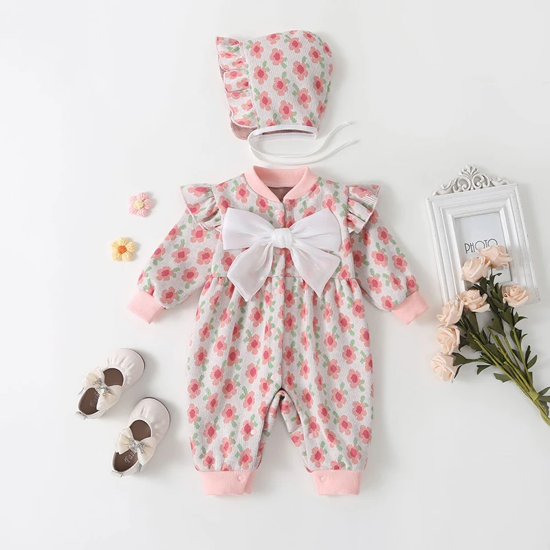 Autumn New girl baby Playsuit set sweet flower Bow Soft Baby Romper+hat 2 pieces Set Long sleeved Cute Baby Bodysuits clothing