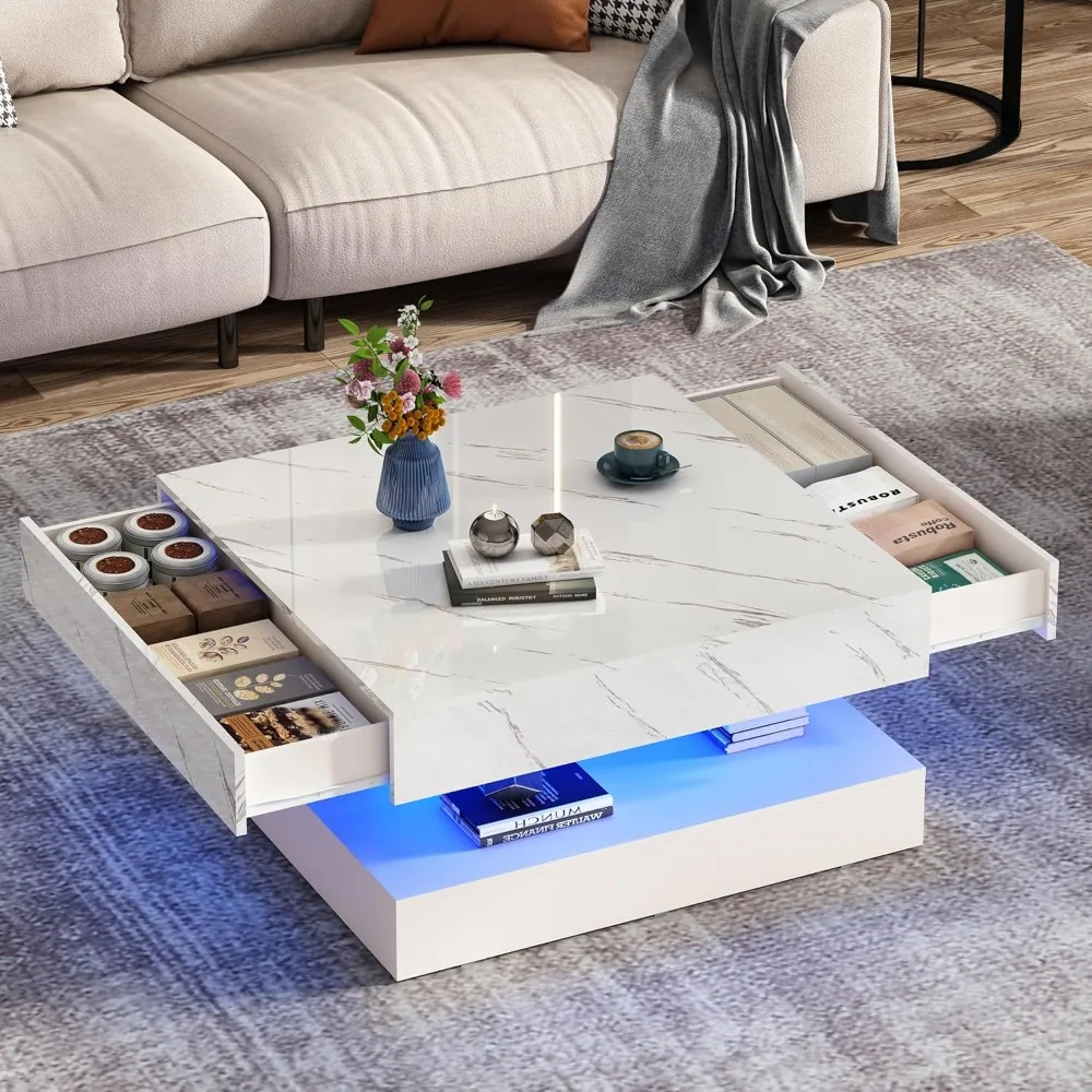 

33.9 Coffee Table with Storage, Modern High Glossy Living Room Table w/2 Drawers,Double-Layer Design Large Square Center
