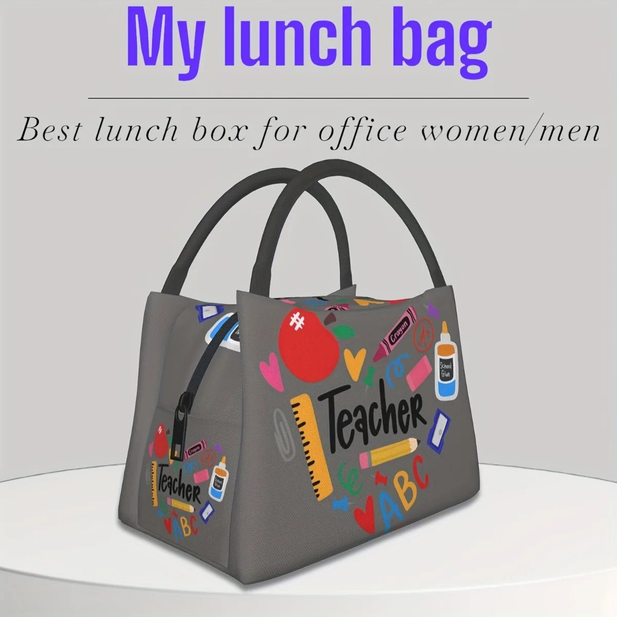 Stylish Teacher-Themed Insulated Lunch Bag - Durable Canvas Tote With Colorful School Prints,for School, Office, Travel, Picnics