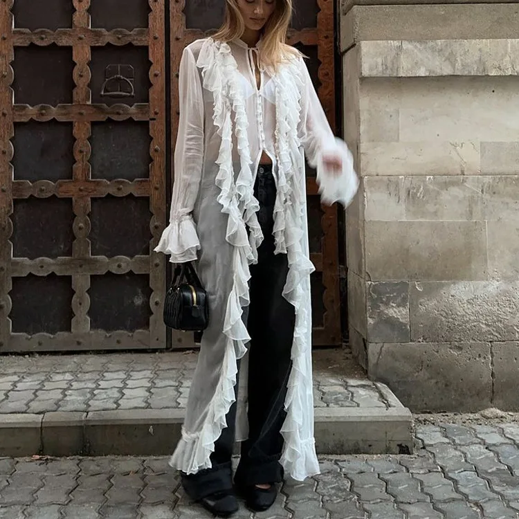 2026 Summer White O-Neck Women's Dress Casual Translucent Long Sleeve Lace-Up Dresses Fashion Ruffle Button Ankle-Length Dress