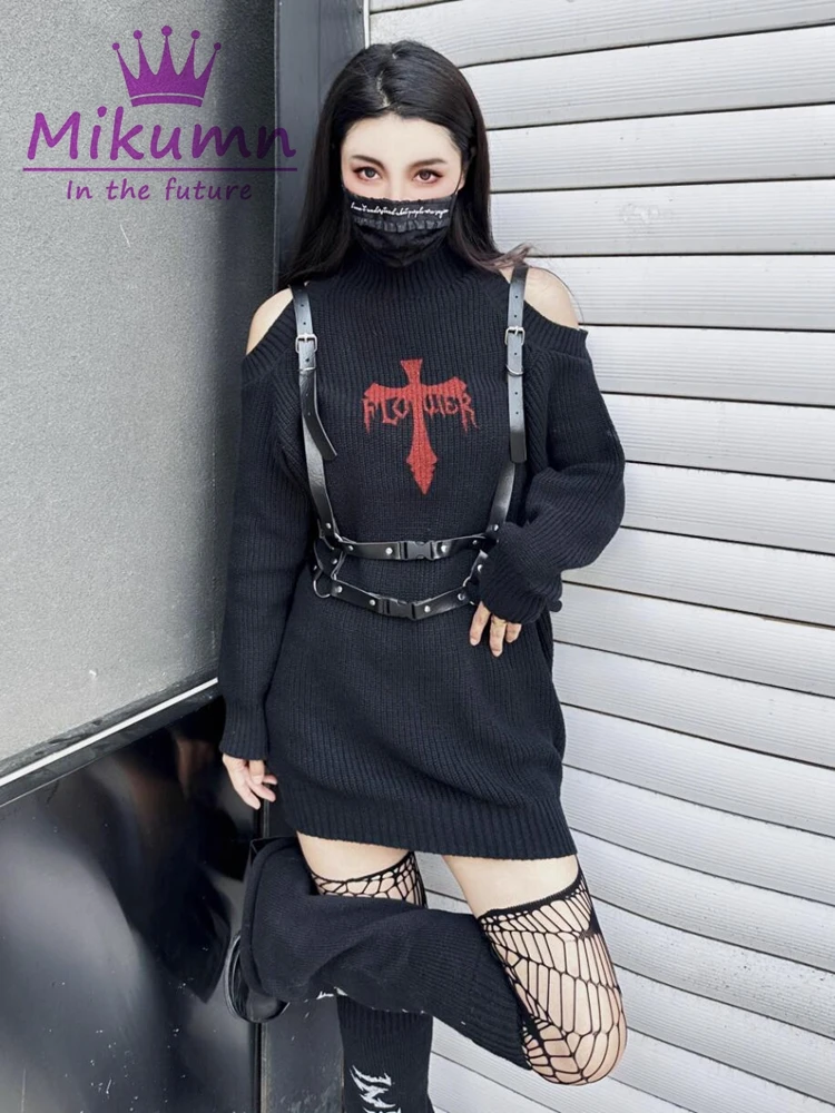 Mikumn Harajuku Gothic Sweater Women Off Shoulder Cross Print Grunge Pullover Y2k Punk Rock Sexy Long Sleeve Black Knitwear