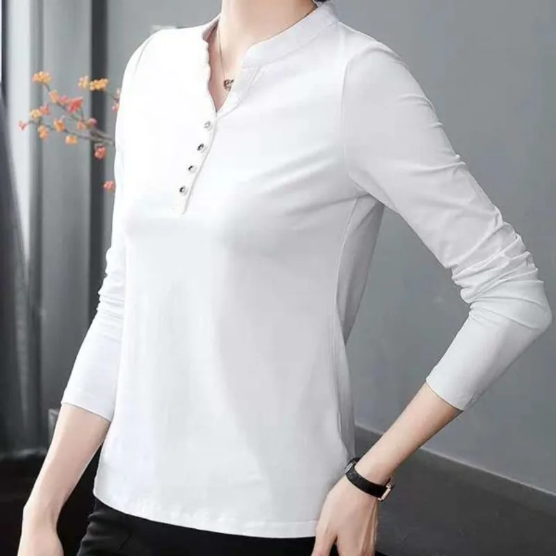 Autumn and Winter Women\'s Polo Pullover Cotton Solid Button Tshirt Long Sleeve V-Neck Standing Neck Underlay Fashion Casual Tops