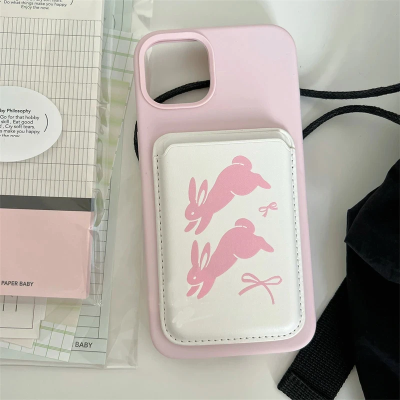 Luxury Cartoon Bunny Bow For MagSafe Magnetic Leather Card Wallet Slot Holder Phone Case For iPhone Case Cute Accessories Gift