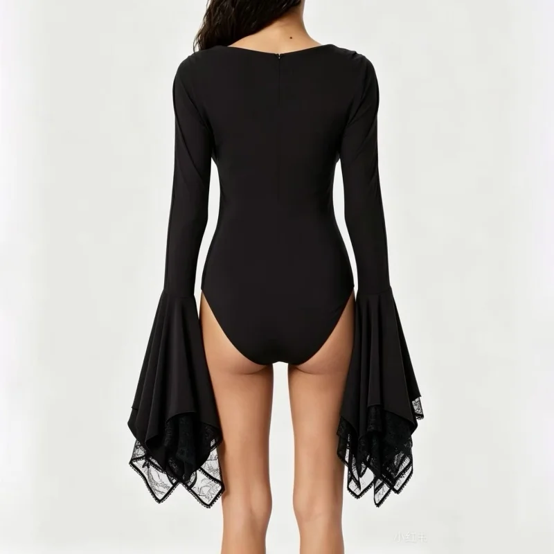 Autumn New Women's Multi-LayerCollar Horn SleeveMixed Bodysuit High Quality Fashion High Street Sexy Trim Long Sleeve Bottom Top