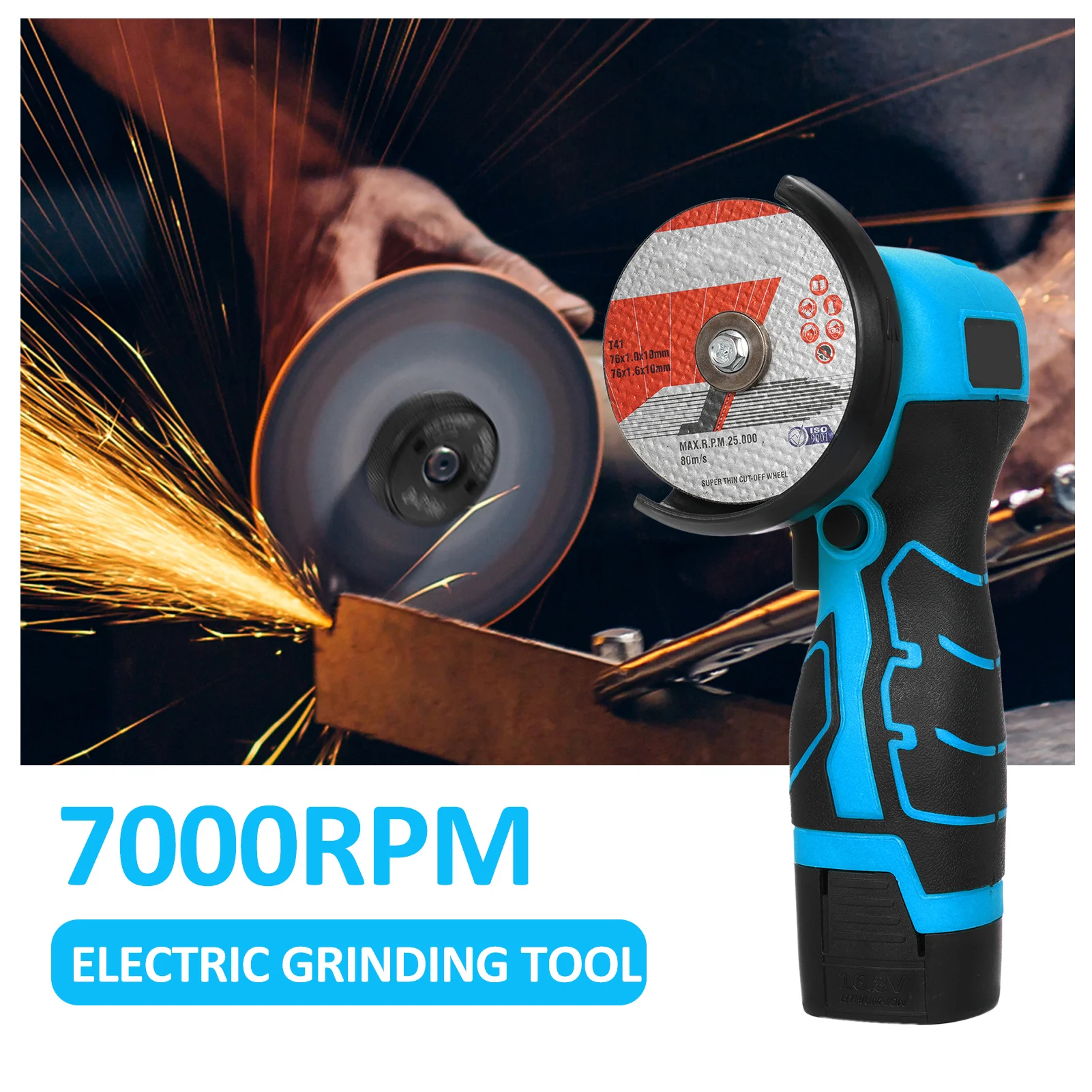 

Cordless Angle Grinder 7000RPM Electric Grinding Tool Mini Grinder with 2Pcs 16.8V 2000mAh Battery and Cutting Blade for Cutting