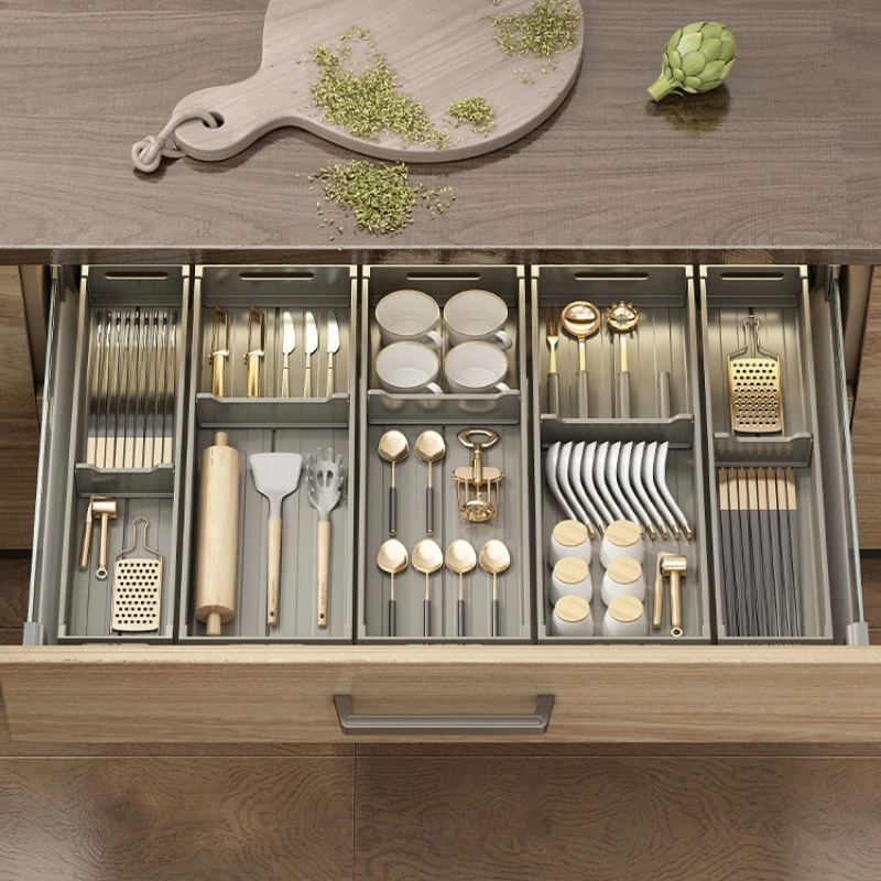 

Gun ash kitchen, drawer storage, partition, built-in cabinets, compartments, shelves, cutlery, cutlery, chopsticks