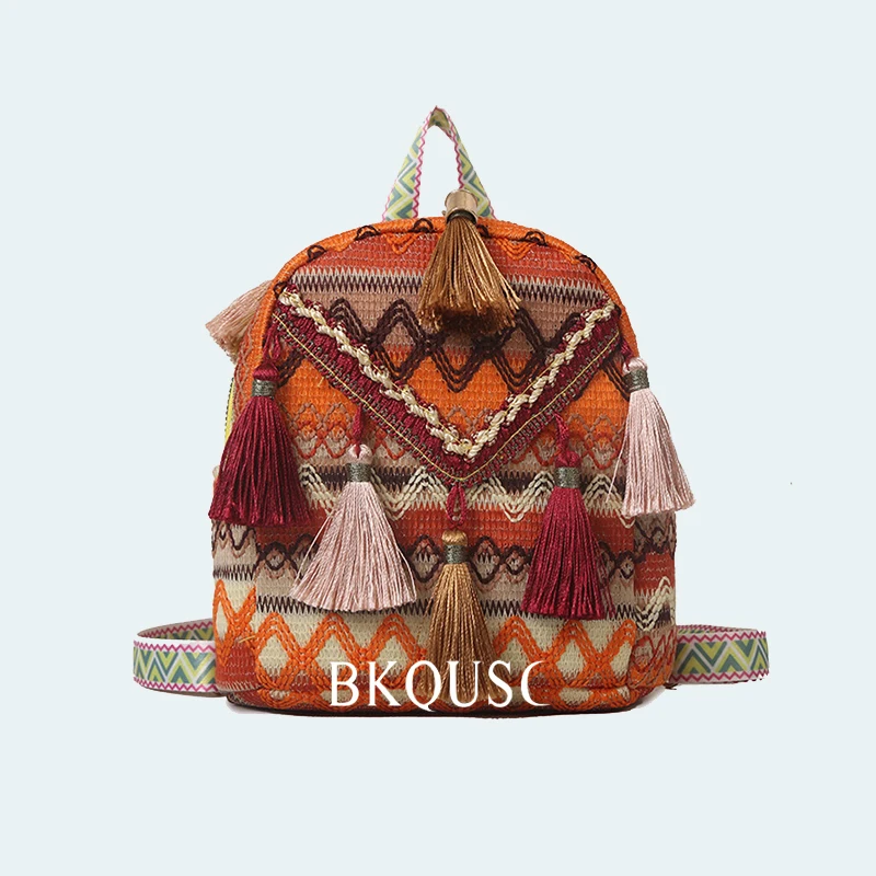 

BKQUSC Chinese Vintage Women's Backpack Ethnic Style Color Matching Thick Line Woven Mini Backpacks For Female Storage Bags