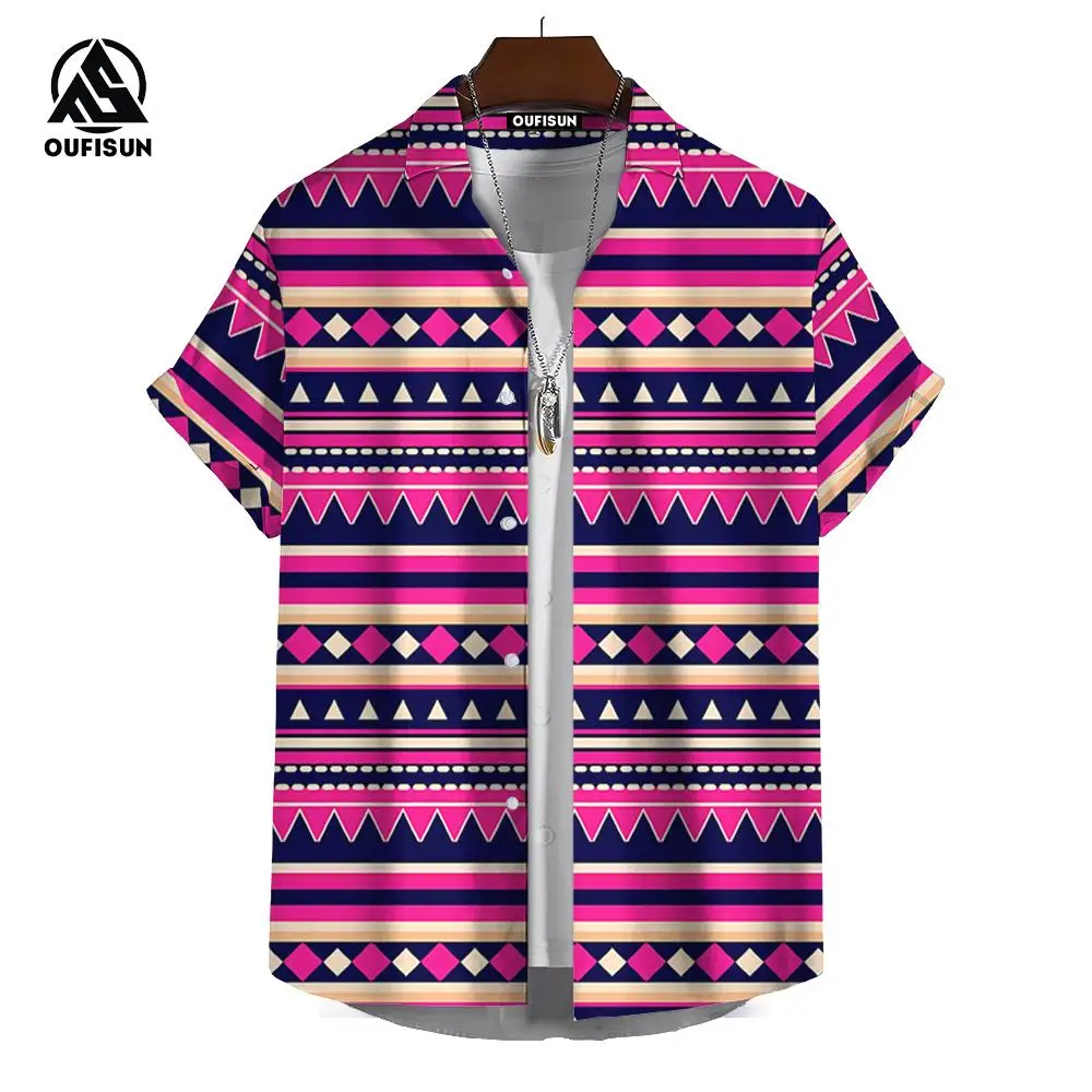 Vintage Hawaiiaanse Overhemden Voor Heren Etnisch Patroon Bedrukt Tops Met Korte Mouwen En Casual Herenkleding Los Oversized Herenoverhemd