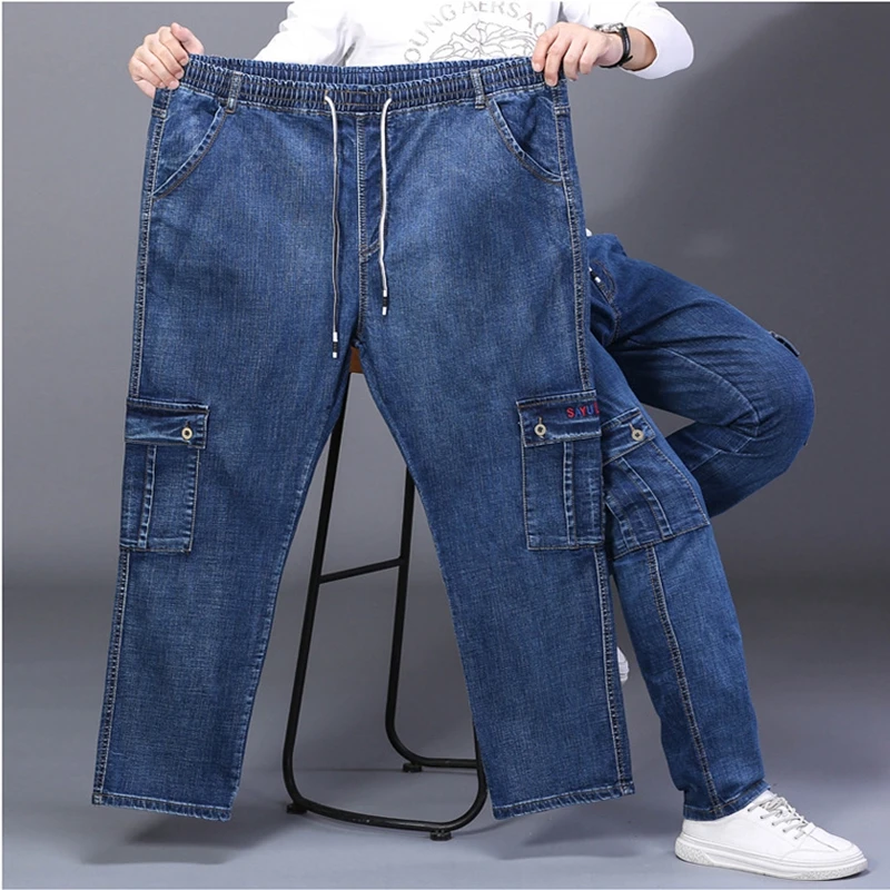 Autumn and winter plus size men\'s casual stretch jeans 9XL 8XL 7XL fashion multi-pocket loose high waist straight long jeans.