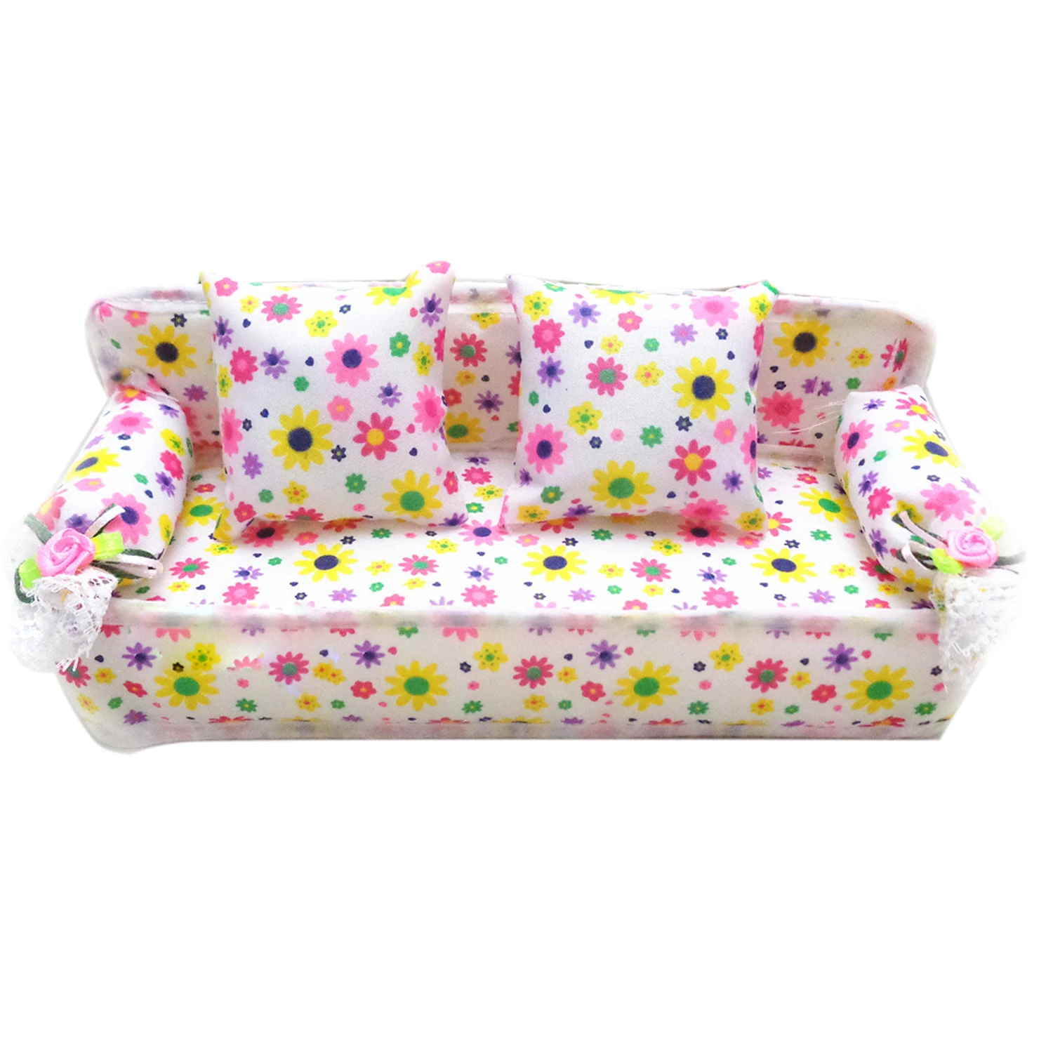 Kids Mini Doll Flower Print Sofa Miniature Dollhouse Couch Furniture with 2 Cushions Pillows Accessories for Barbie Doll Toy