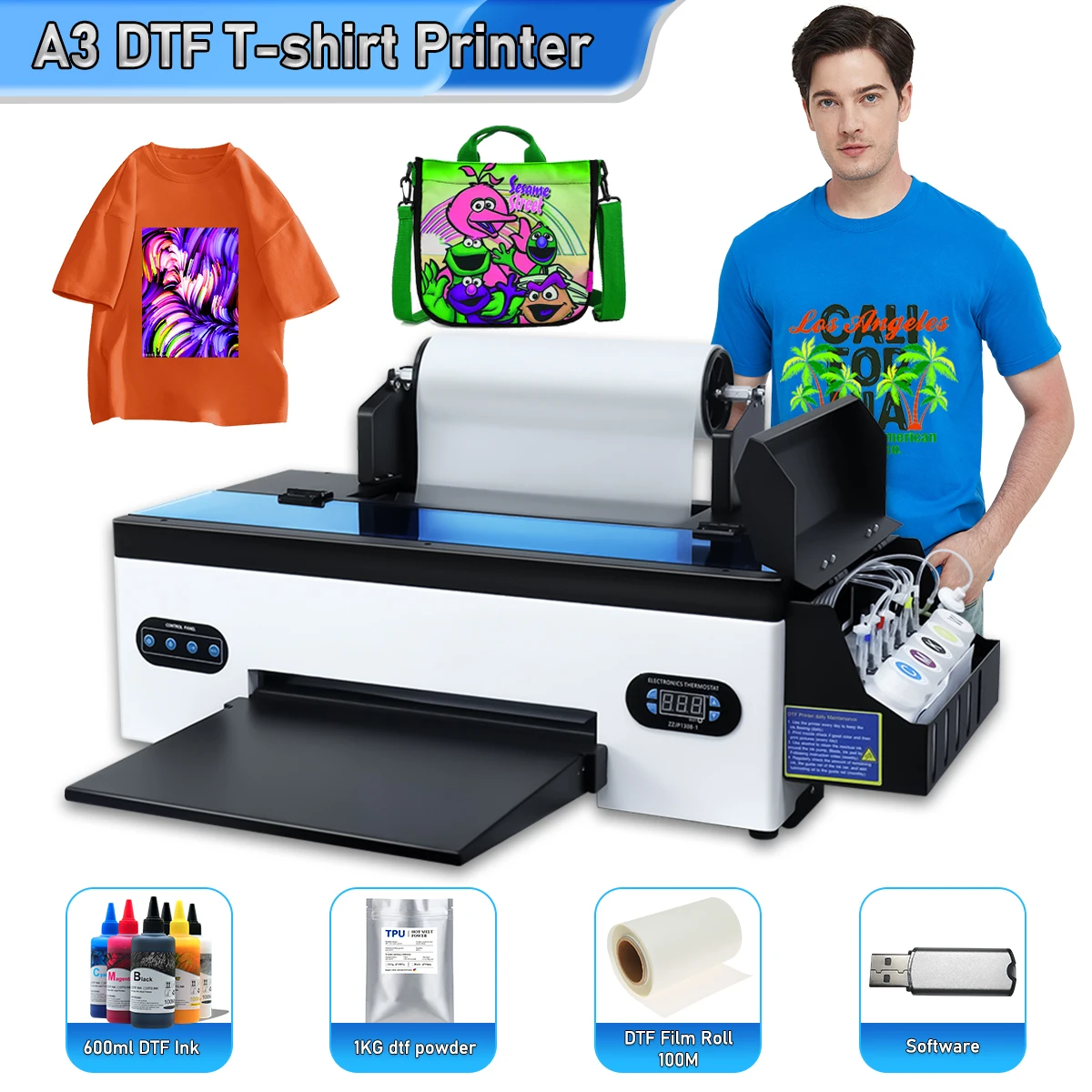 A3+ DTF Printer R1390 Transfer Printer with Roll Feeder A3 DTF Direct to Film Print For Hoodies Fabrics T-shirt Printing Machine