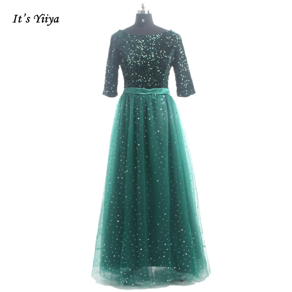 

It's Yiiya Sequins Evening Dress Green V-Neck Lace Up Half Sleeves A-Line Pleat Floor-Length Woman Plus size Party Gowns A1405