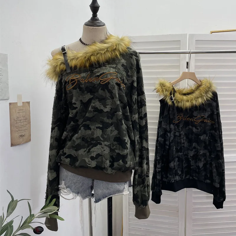 Retro Spice Girl Camouflage Ripped Old Top Sweatshirt Women's Removable Fluffy Slanted Shoulder Collar Sweater