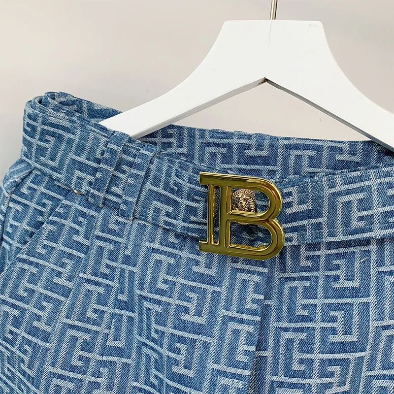 ارتفاع الخصر ort الدنيم النسيج التطريز كيت السراويل النسائية Faion الصيف الاتجاه الأزرق الجينز عالية الخصر orts مع كيتس