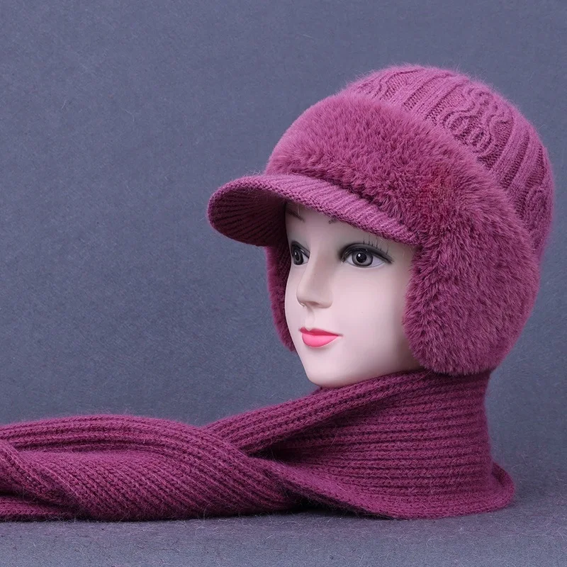 2pcs Middle-aged and elderly mink fur ear-covering knitted winter hat and scarf set warm women's ear protection beanie caps