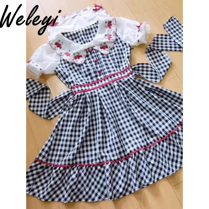 

Japanese Bow Sweet Dresses Women's 2024 Summer Mine Series Mass Produced Strawberry Embroidery Sailor Collar Plaid Elegant Dress