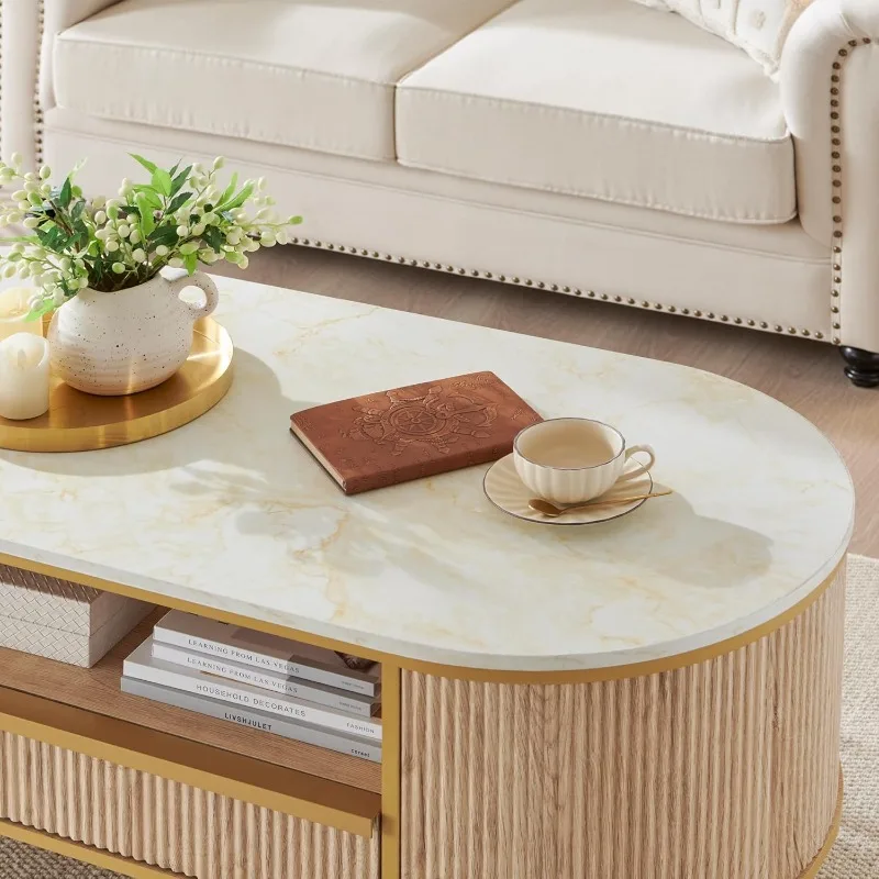 Moderne luxe gecanneleerde salontafel, 48 inch ovale salontafel met lade, kunstmarmeren blad, gebogen profielontwerp, goudkleurig metaal december