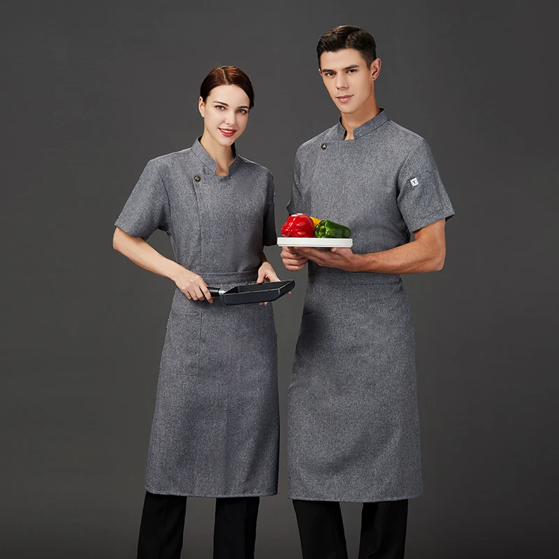 グレーのコットンとリネンのシェフ服キッチンジャケットケータリングユニフォームホテル寿司コックシャツレストラン作業服ベーカリースタッフトップス