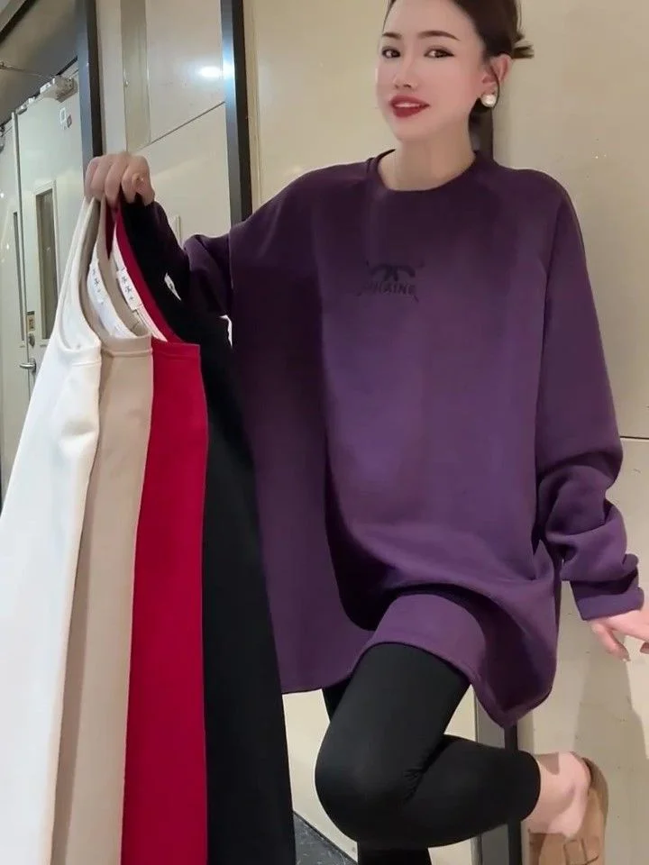 

plus Size Women's round Ne Embroidered Sweatirt Loose Casual Long Sle Spring Autumn Comfortable Breathable Korean Sle