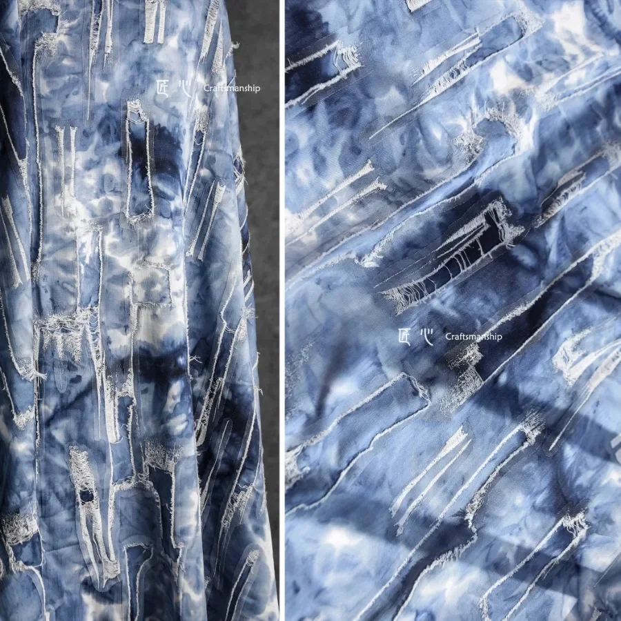 Botanical Dyeing Blue Ragged Meteorite Jacquard Fabric Hanbok Cheongsam Shirt Dress Pants Clothing Designer Fabrics