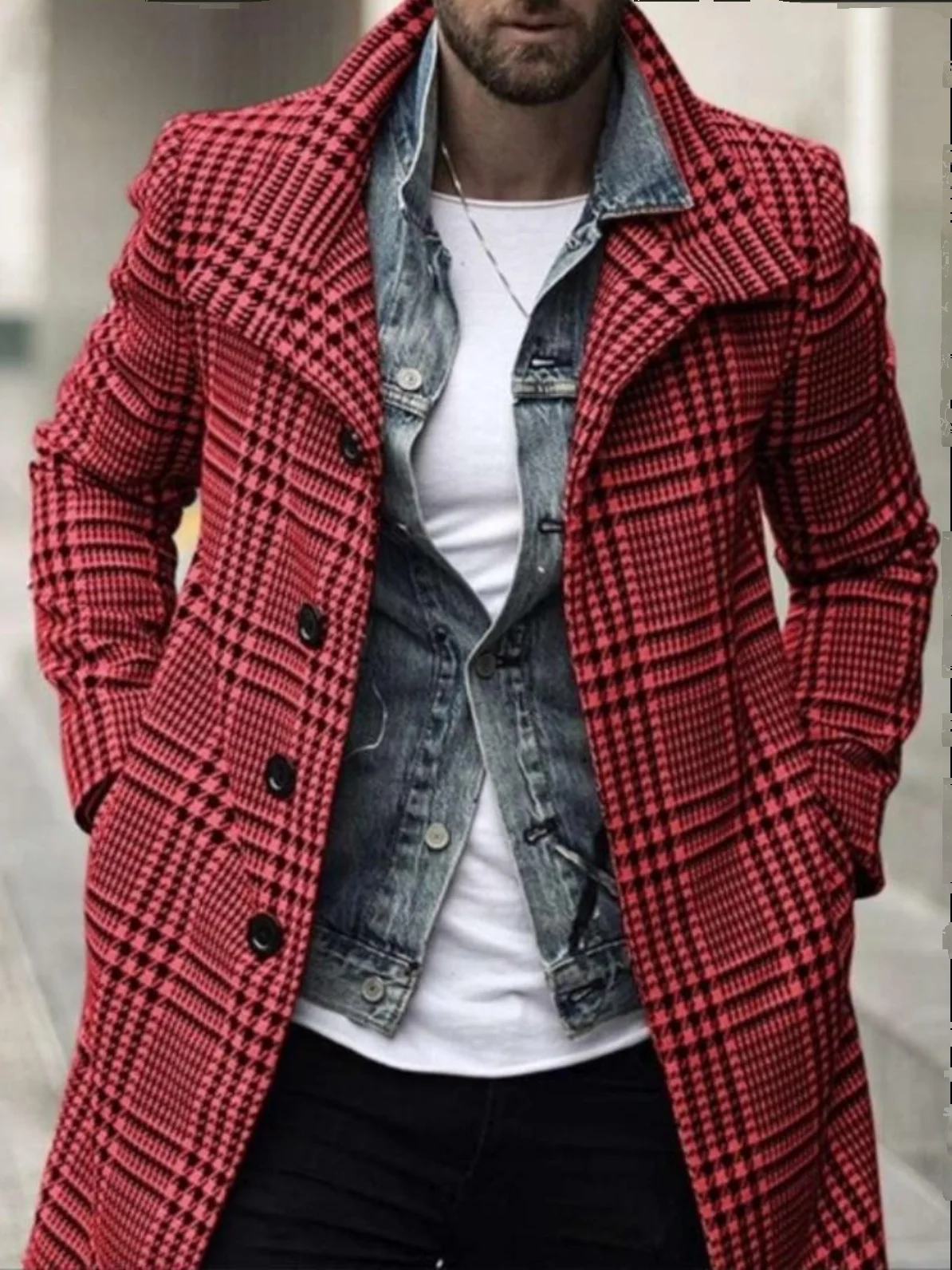 

Autumn Winter Men's Plaid Collar Coat Medium Length Wear Resistant Faionable Outerwear Single Button European Sle Youth