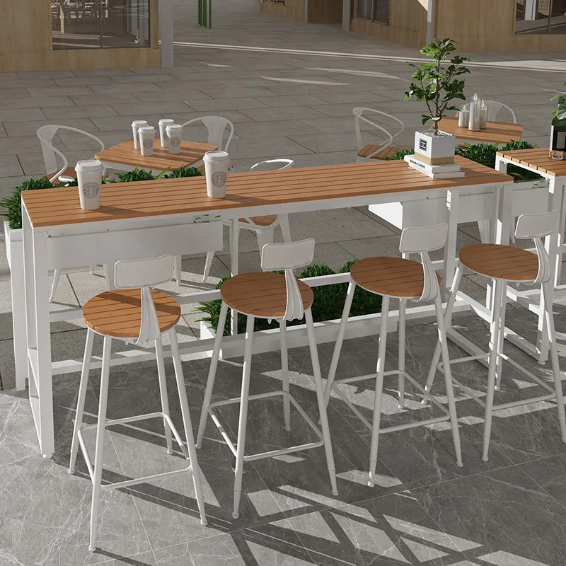 Outdoor home balcony Wrought iron plastic wood tables and chairs Coffee shop Outdoor anti-corrosion high foot against the wall