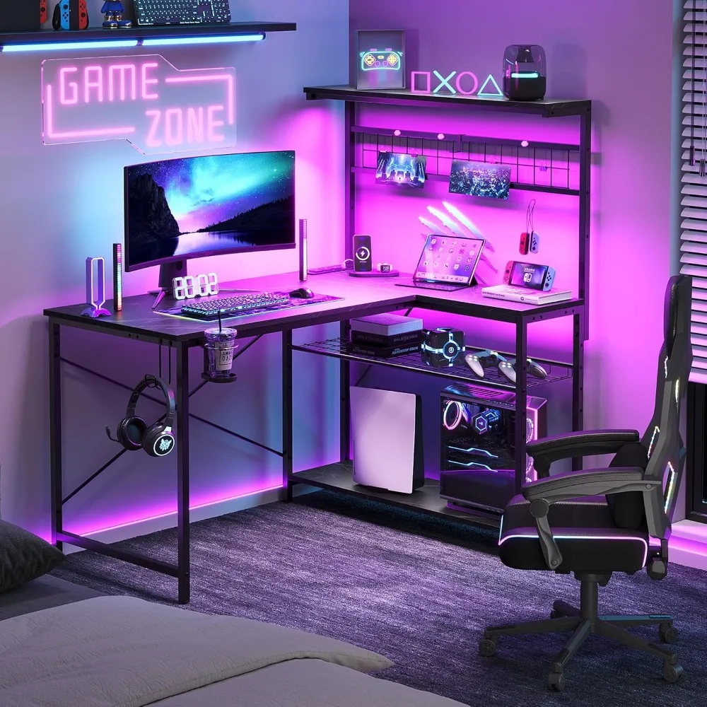 Gaming Desk with Power Outlets,42 Computer Desk with LED Lights, Reversible Corner Desk with 4-Tier Shelves,Cup Holder