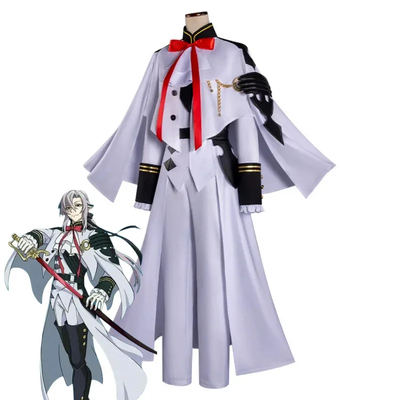 Disfraz de Anime Seraph of The End Ferid Bathory, capa blanca, Tops, abrigo, uniforme de combate, peluca, traje de Carnaval para hombre y mujer de adulto, 5 pies