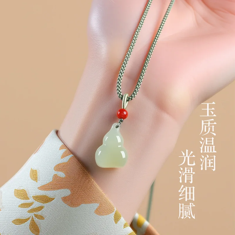 Natural Hetian Jade Light Blue Small Gourd Pendant Necklace Adjustable Jade Clavicle Chain for Blessing and Good Luck Gifts
