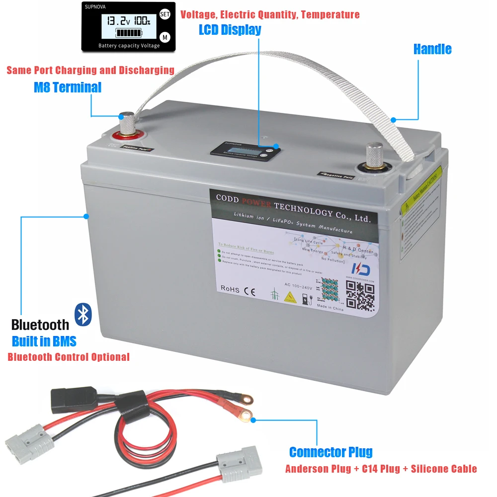 12V 100AH 200AH LiFePO4 Battery with bluetooth BMS Waterproof Case LCD display