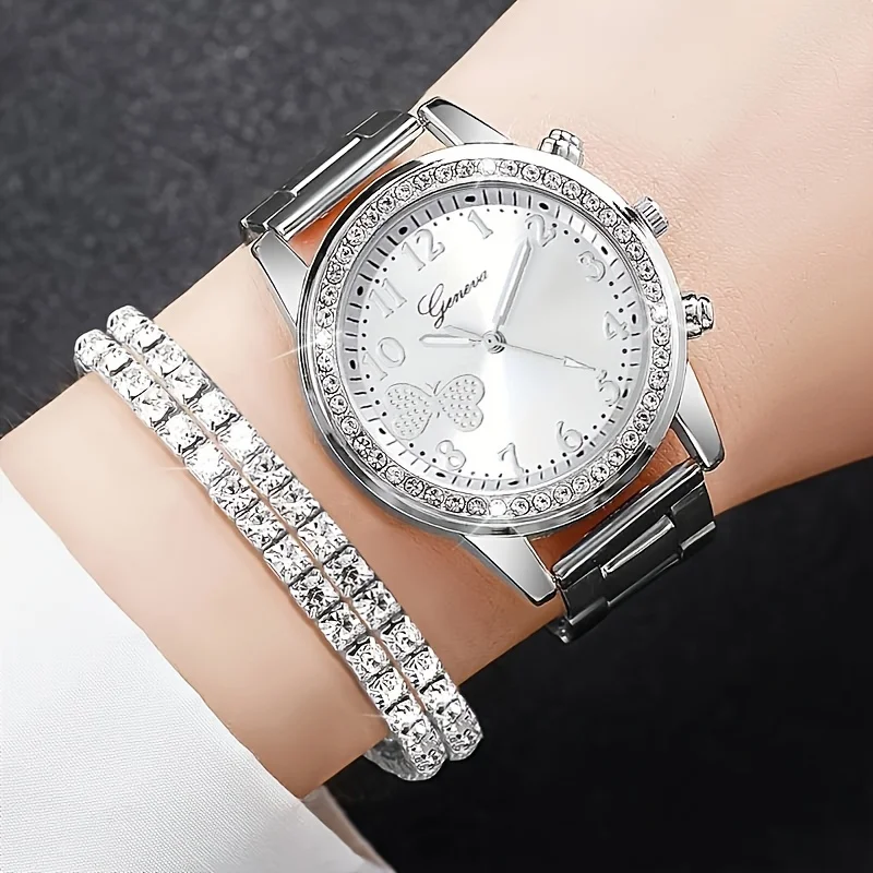 

3pcs/set Women's Cute Butterfly Quartz Watch Shiny Rhinestone Analog Wrist Watch & Bracelets, Gift For Mom Her