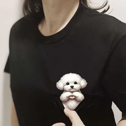 CLOOCL Bichon Frise Cotton T-Shirts Cute Dogs Hand Heart Gesture Printed Pocket T-shirt Women Short Sleeve Shirts Hip Pop Tops